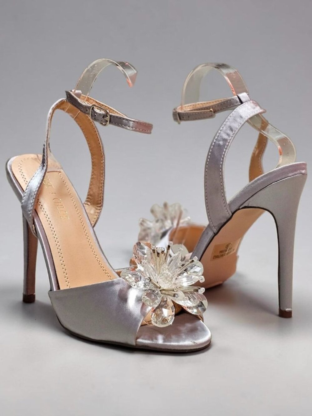 Crystal Embellished Silver Satin High Heel Sandals With Ankle Strap & Peep Toe F